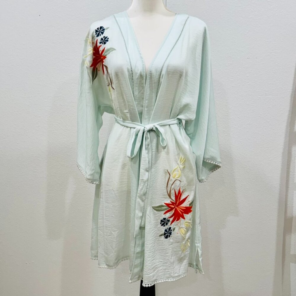 Anthropologie E Green Tea Robe Kimono Floral Embroidered Front&Back Sz XS/S